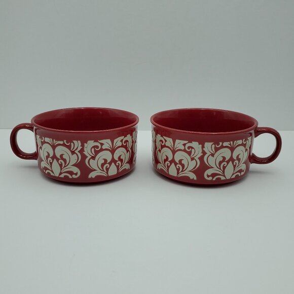 Cook's Essentials Red Soup Mugs Etched White on Red Chili Chowder Bowls - Picture 4 of 9